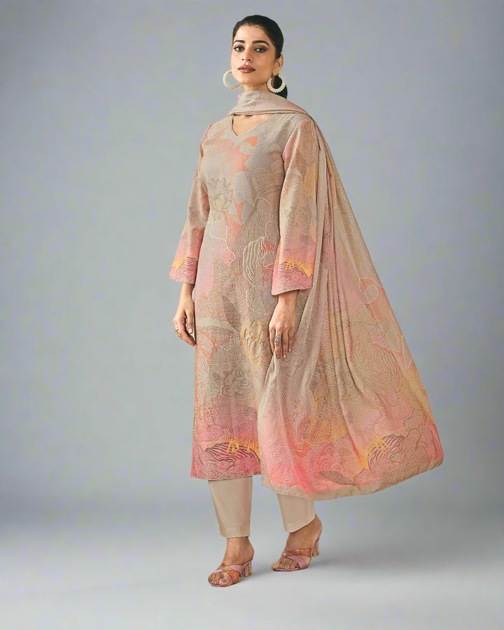 8110B-Dusty Rose & Beige Printed Linen Suit Set with Dupatta – Soft Glam Ethnic Ensemble