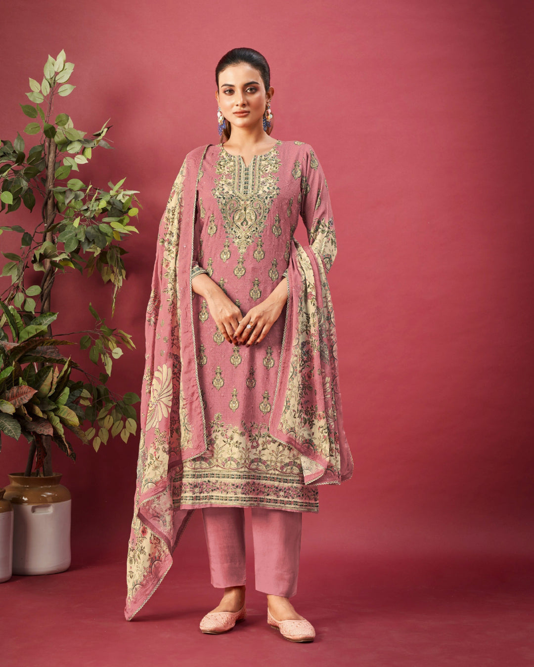 43973 - Printed Muslin Embroidered Suit With Muslin Duppatta