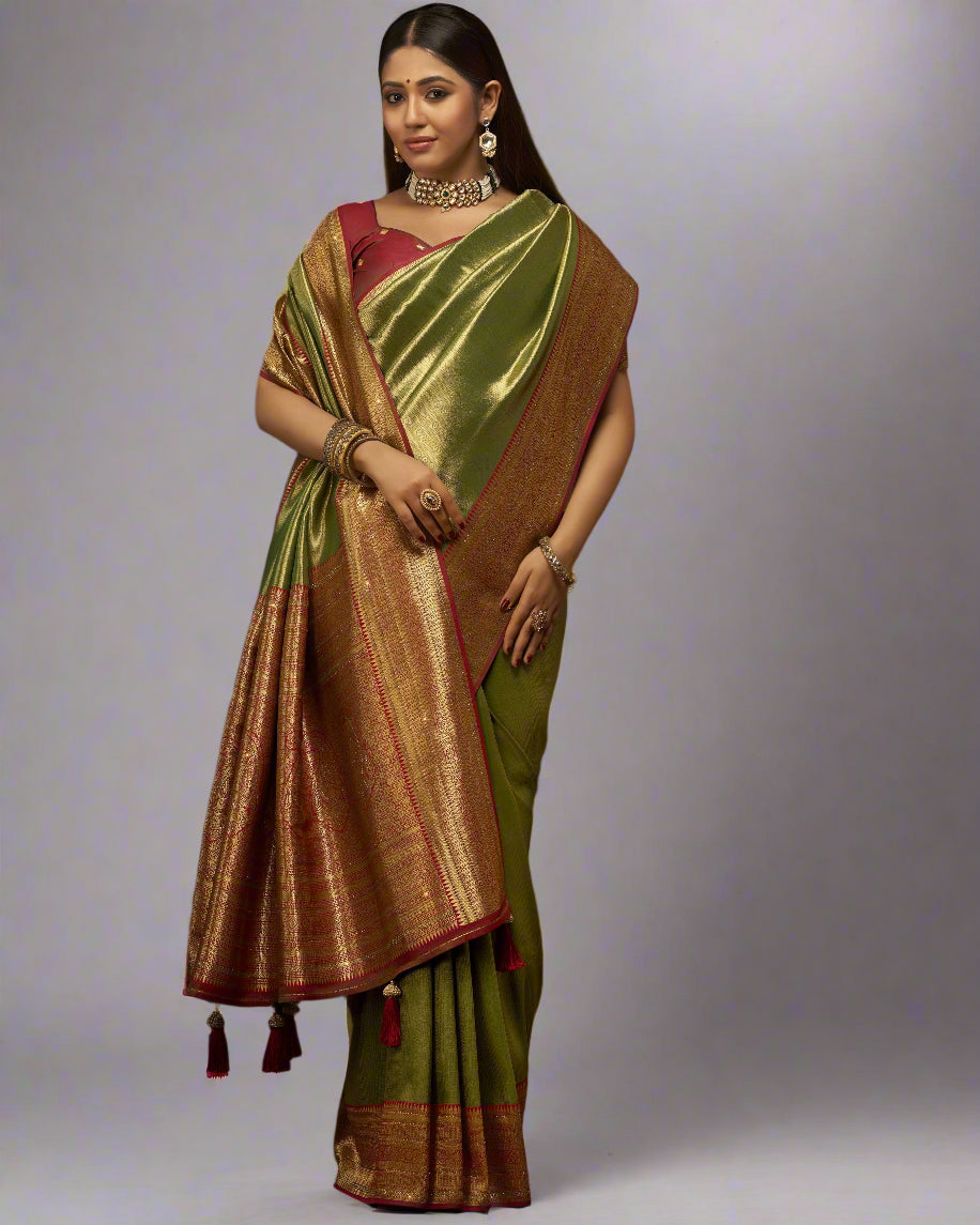 Sharvani – Olive Green Banarasi Silk Saree with Zari Border & Tassel Detailing | Fazals