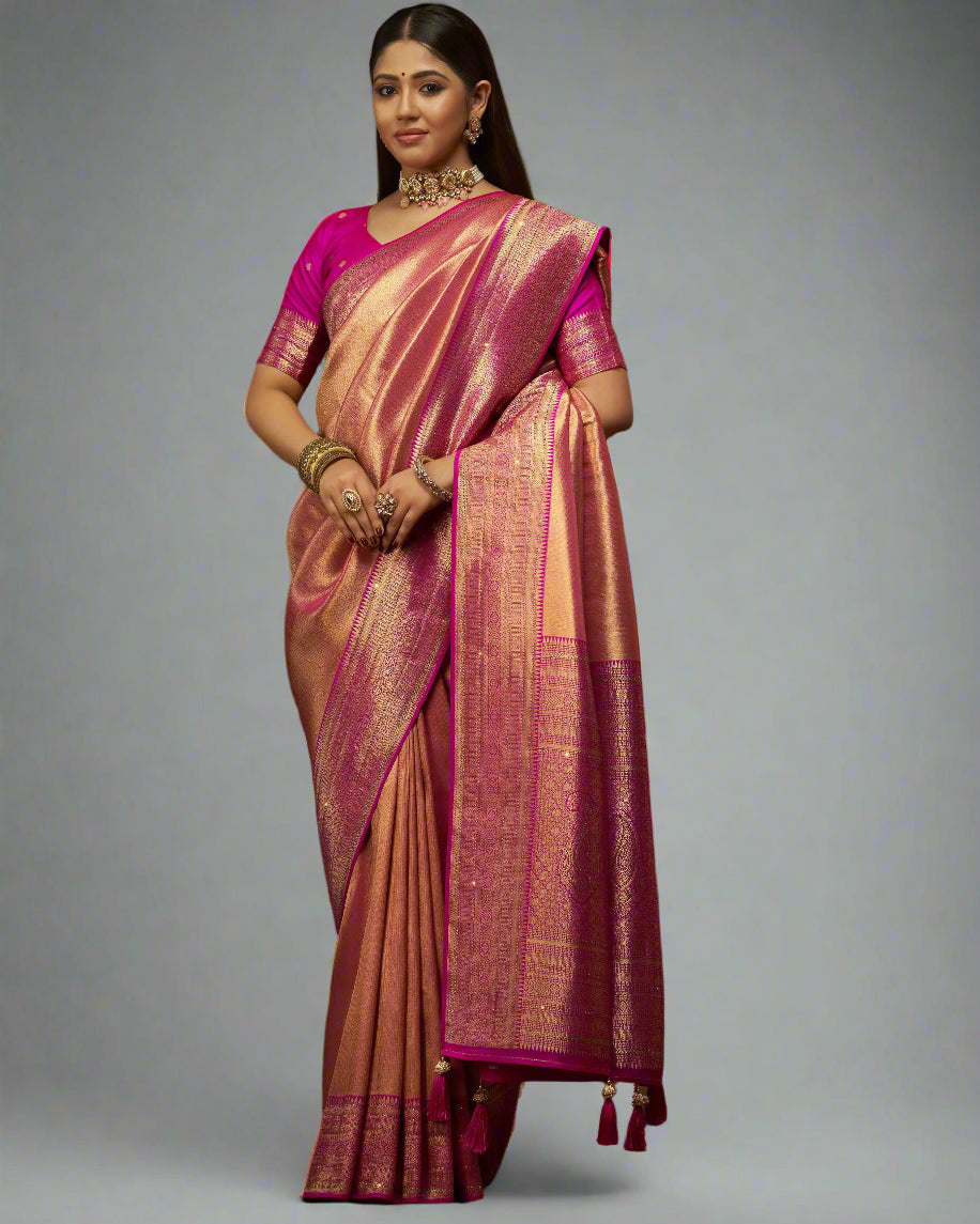 Kavya – Rose Gold Banarasi Silk Saree with Rani Pink Zari Border | Fazals