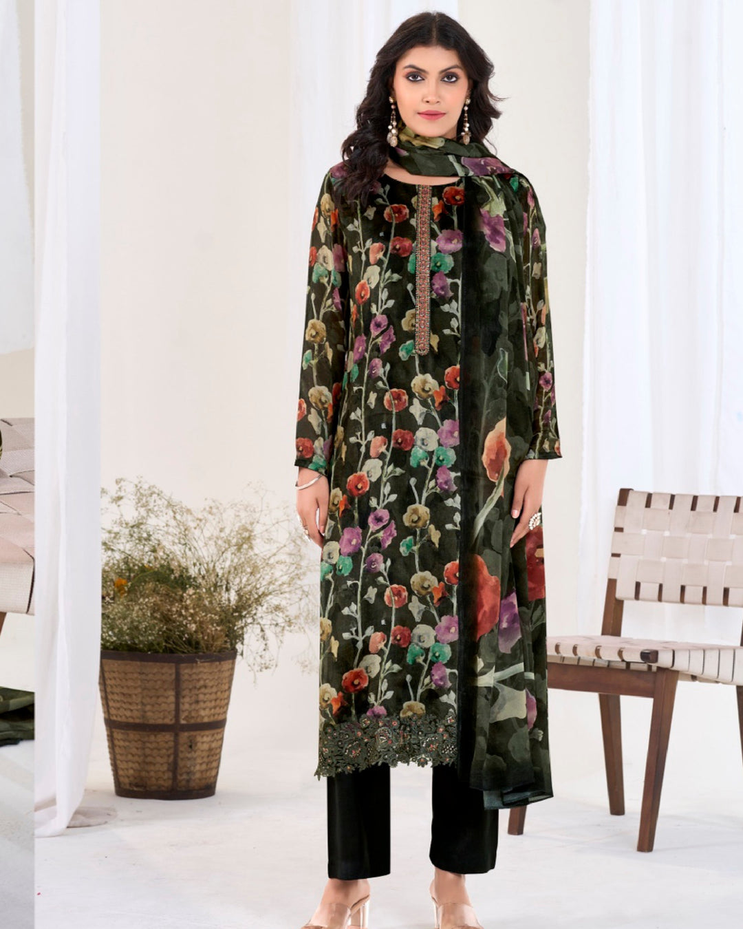 4509-Elegant Purple Chinnon Suit Set with Delicate Floral Print & Dupatta
