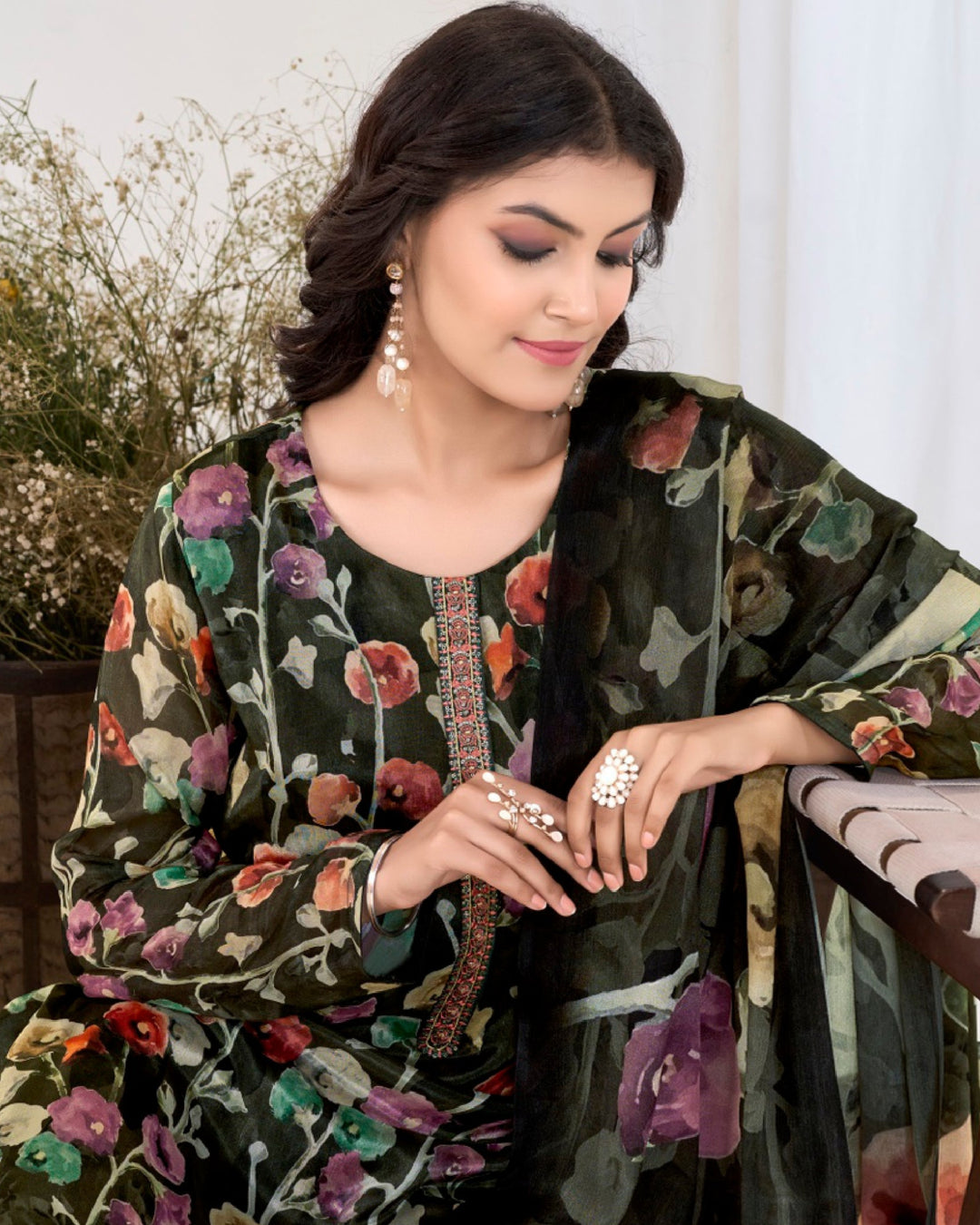 4509-Elegant Purple Chinnon Suit Set with Delicate Floral Print & Dupatta