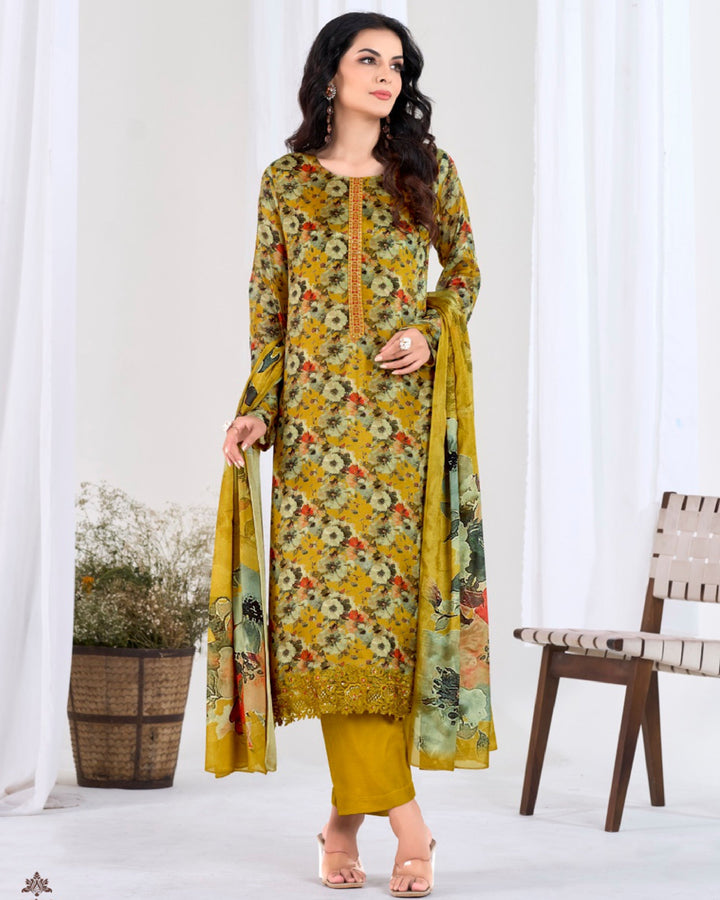 4510-Elegant Mustard Chinnon Suit Set with Delicate Floral Print & Dupatta