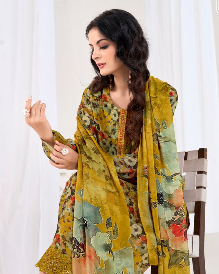 4510-Elegant Mustard Chinnon Suit Set with Delicate Floral Print & Dupatta