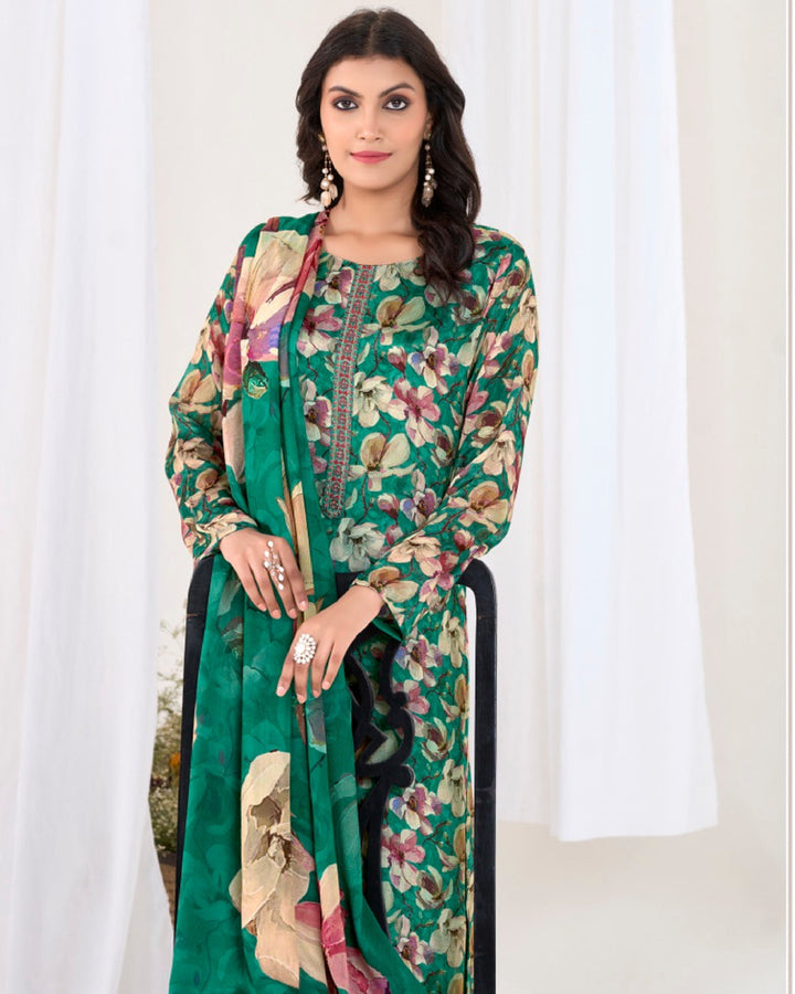 4512-Elegant Green Chinnon Suit Set with Delicate Floral Print & Dupatta