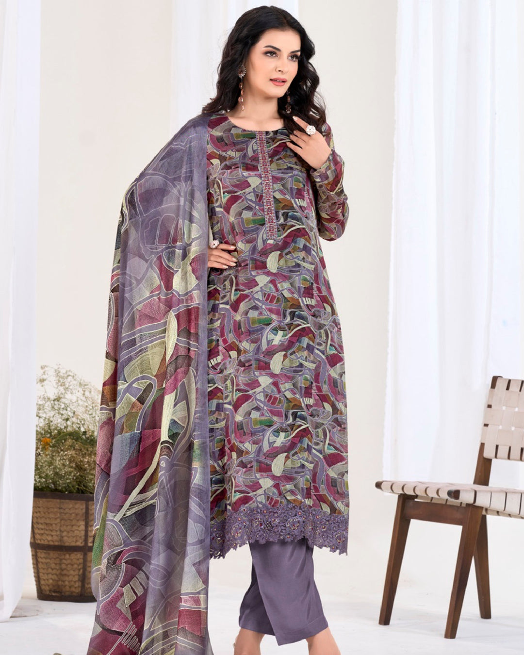 4513-Elegant Purple Chinnon Suit Set with Delicate Floral Print & Dupatta