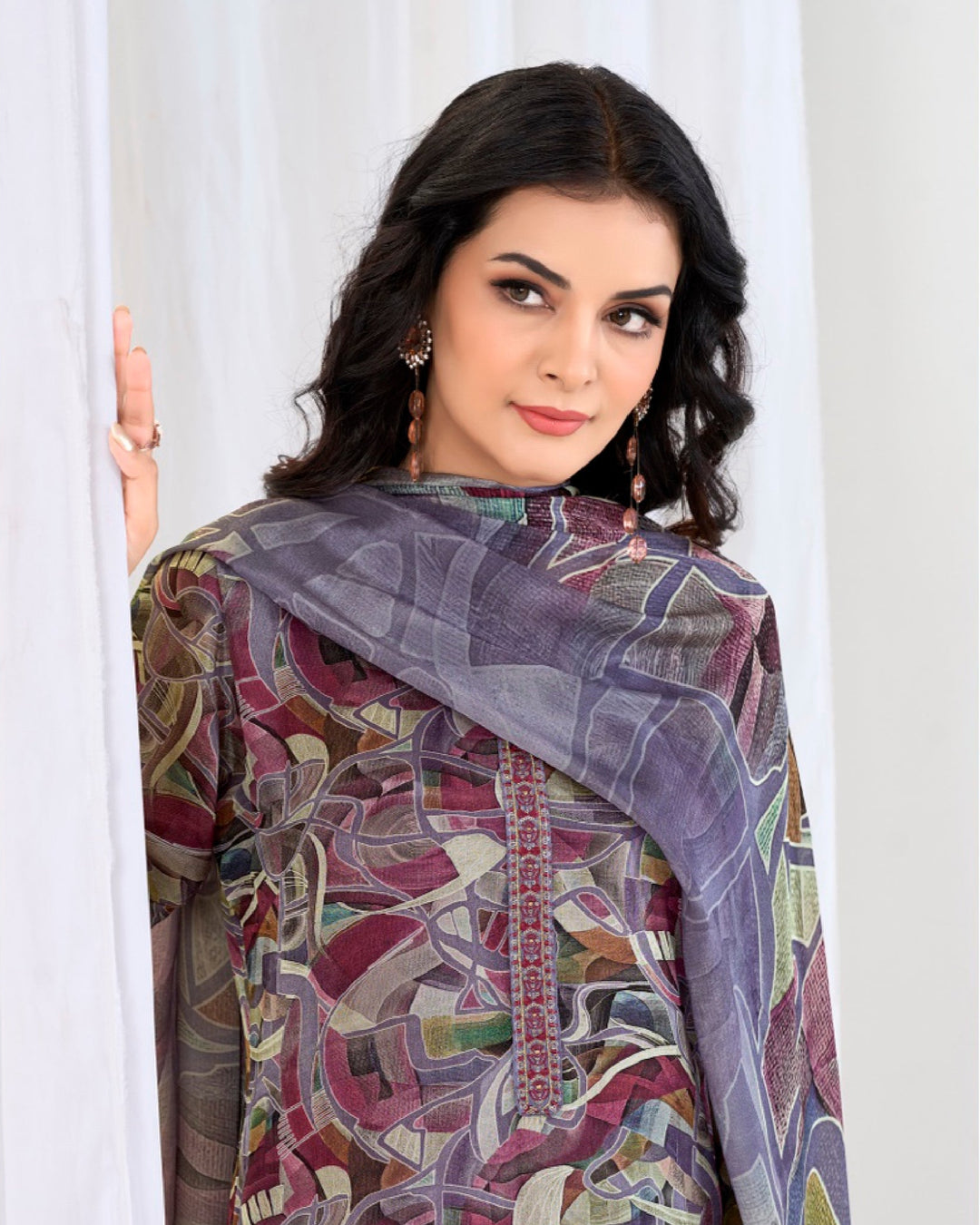4513-Elegant Purple Chinnon Suit Set with Delicate Floral Print & Dupatta