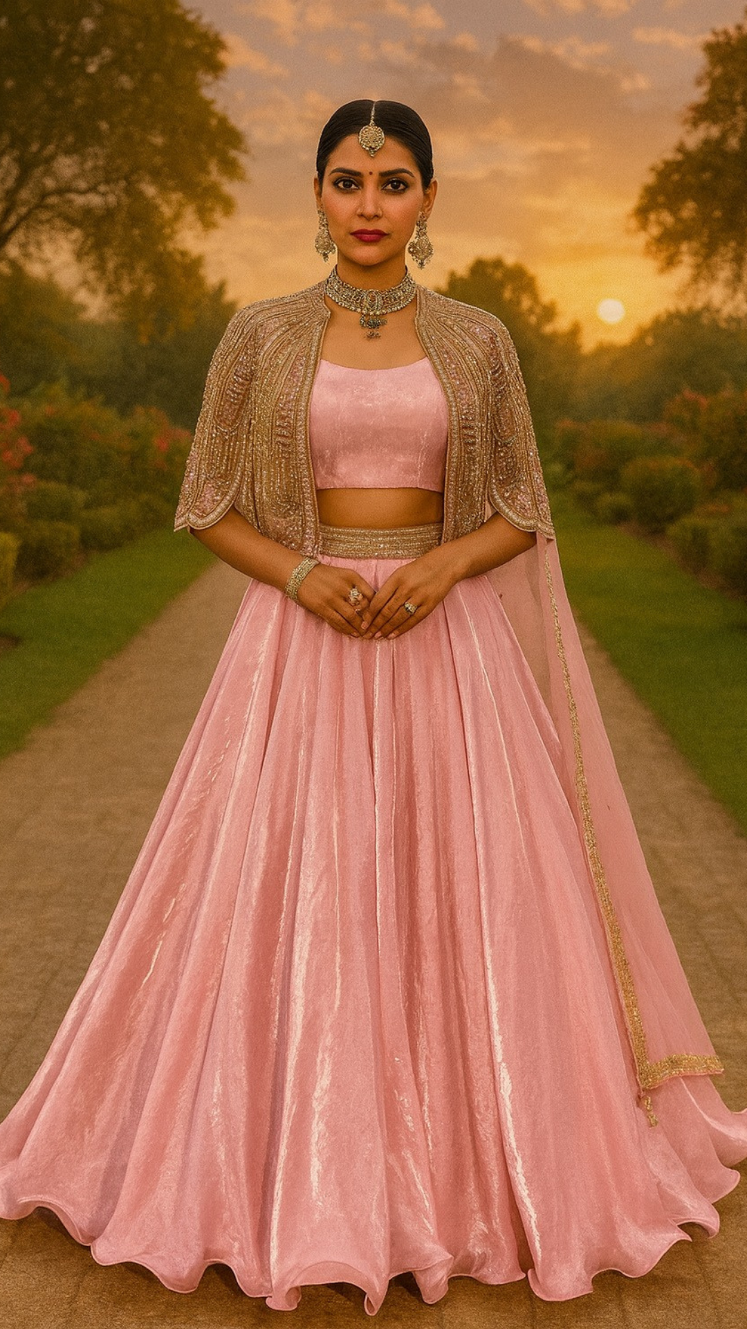 Aaravi – Light Pink Velvet Cape Lehenga with Antique Gold Embroidery | Fazals