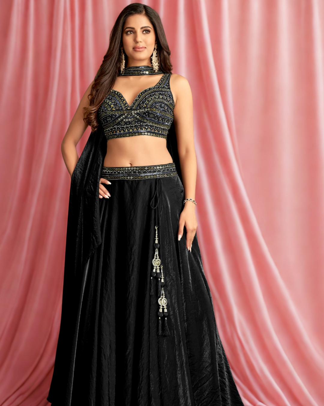 Aaira – Black Embroidered Lehenga with Mirror & Thread Work Blouse | Fazals