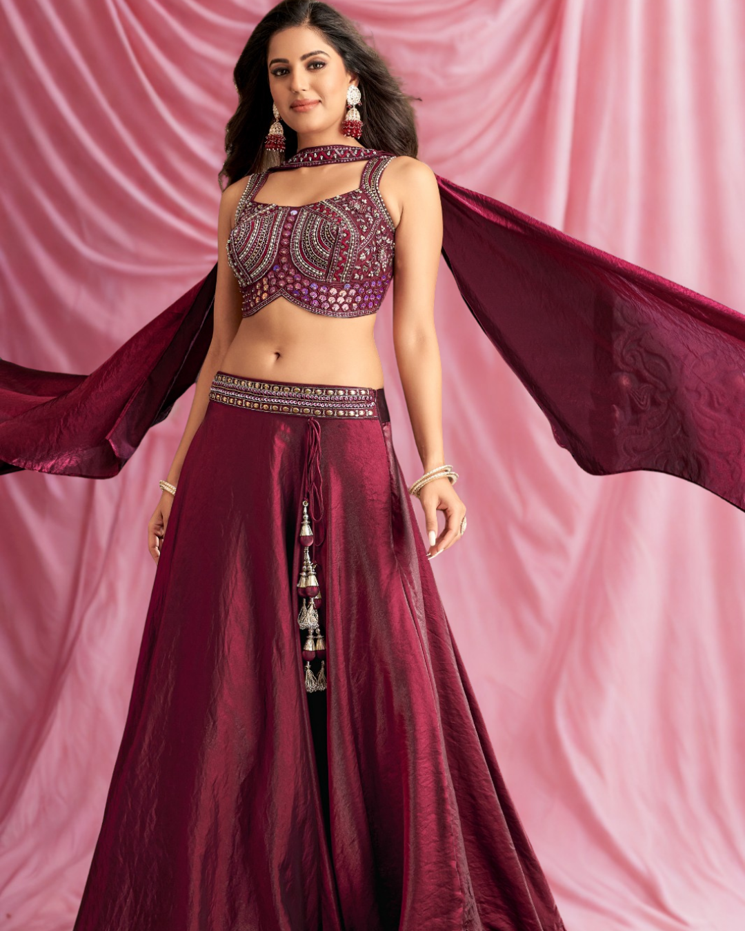 Naaira – Maroon Mirror Work Lehenga with Cutwork Blouse & Tassel Detailing | Fazals