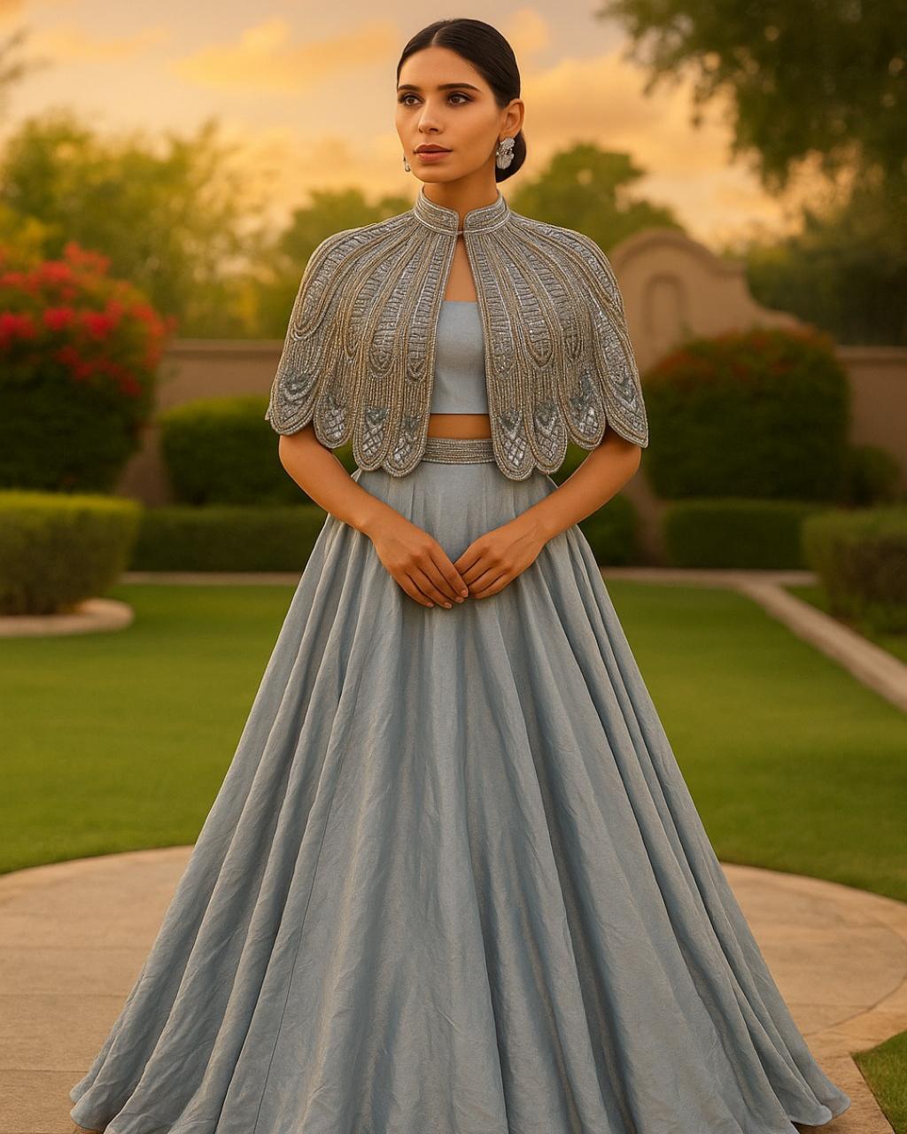 Aafreen – Dusty Ice Blue Cape Lehenga with Intricate Embroidered Cape | Fazals