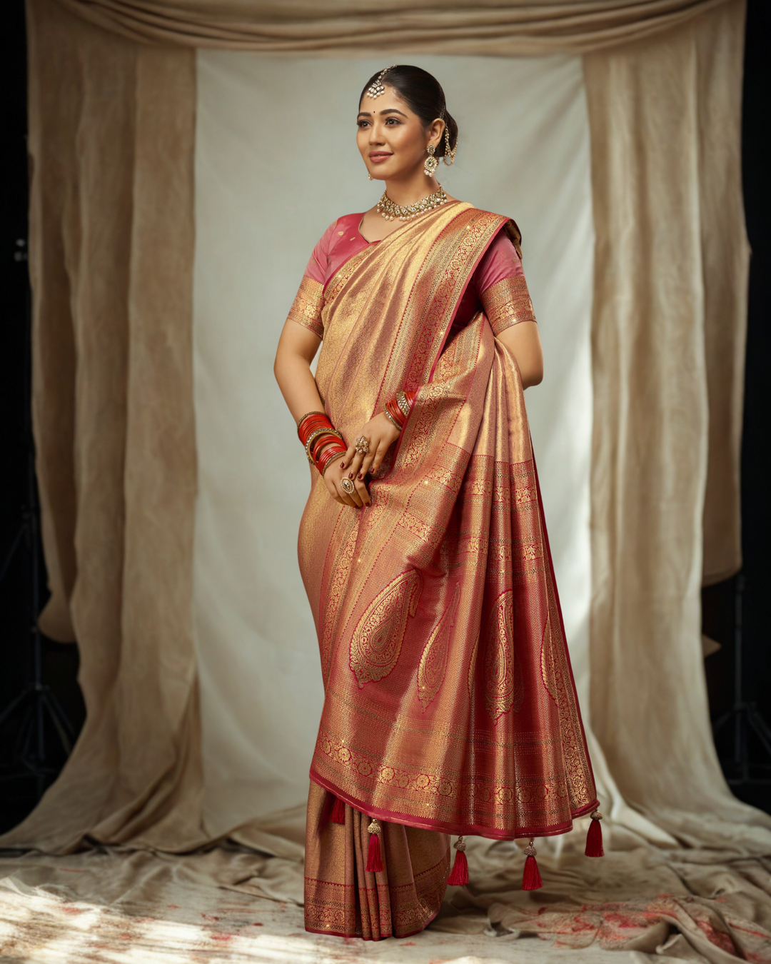 Tanvika – Gold & Pink Banarasi Silk Saree with Zari Paisley Pallu & Tassels | Fazals