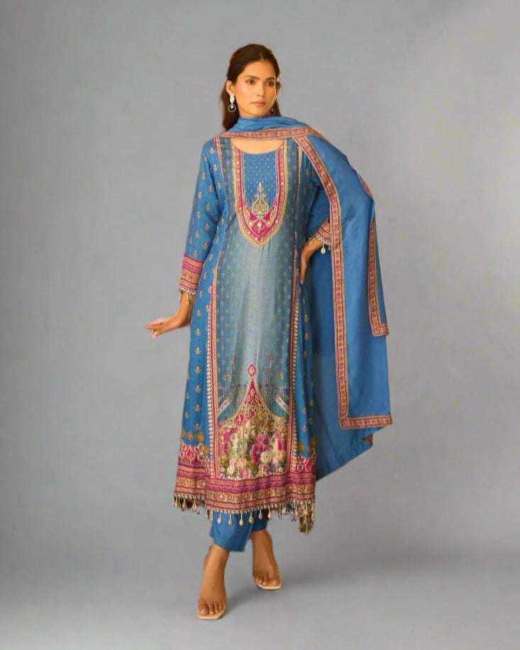 Abeer – Blue Muslin Suit Set for Rakhi & Daytime Festive Celebrations