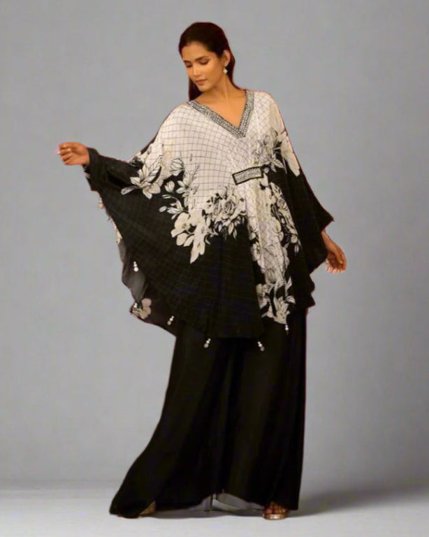 Noor – Black & White Muslin Kaftan Set for Festive Evenings & Celebrations