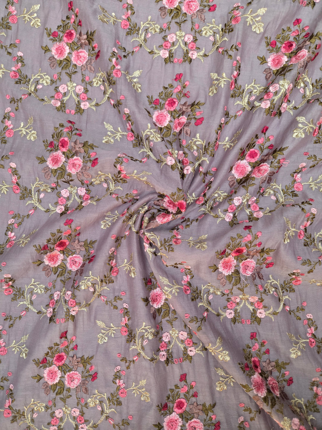 Mull Chanderi Embroidered Fabric