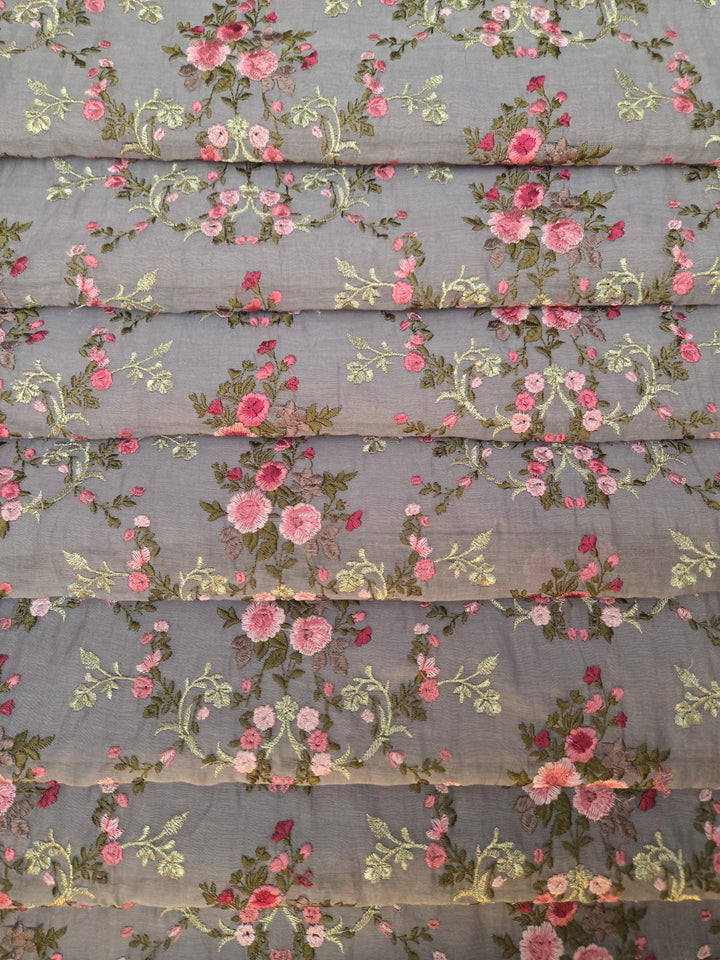 Mull Chanderi Embroidered Fabric