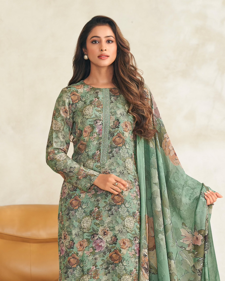 5209A - Elegant Green Muslin Suit Set with Delicate Floral Print & Dupatta