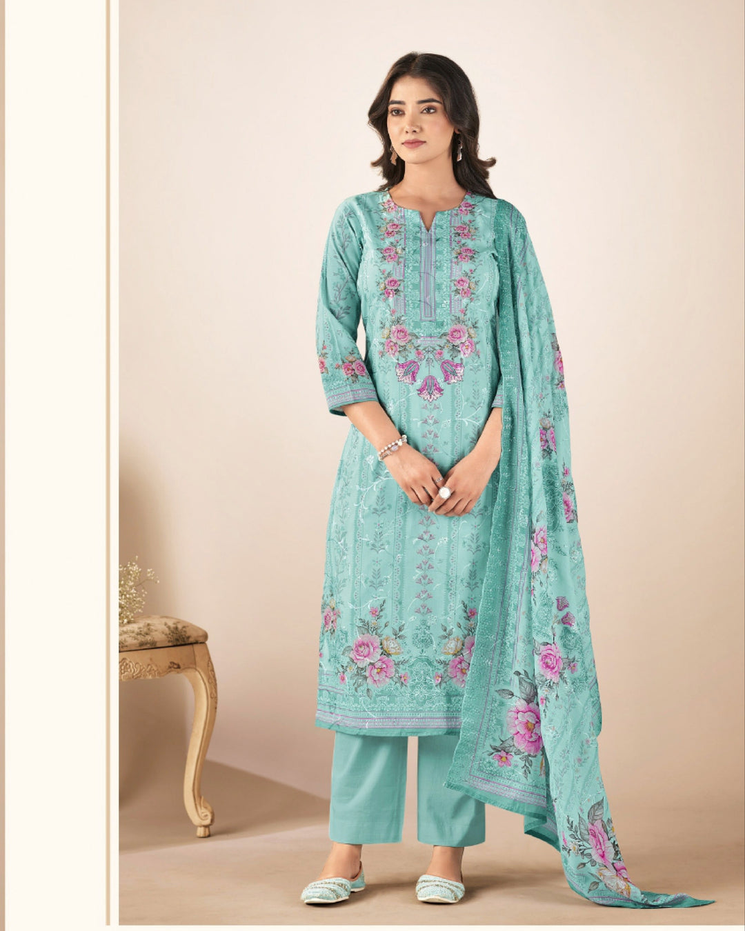 43989 - Printed Cotton Embroidered Suit With Cotton Duppatta