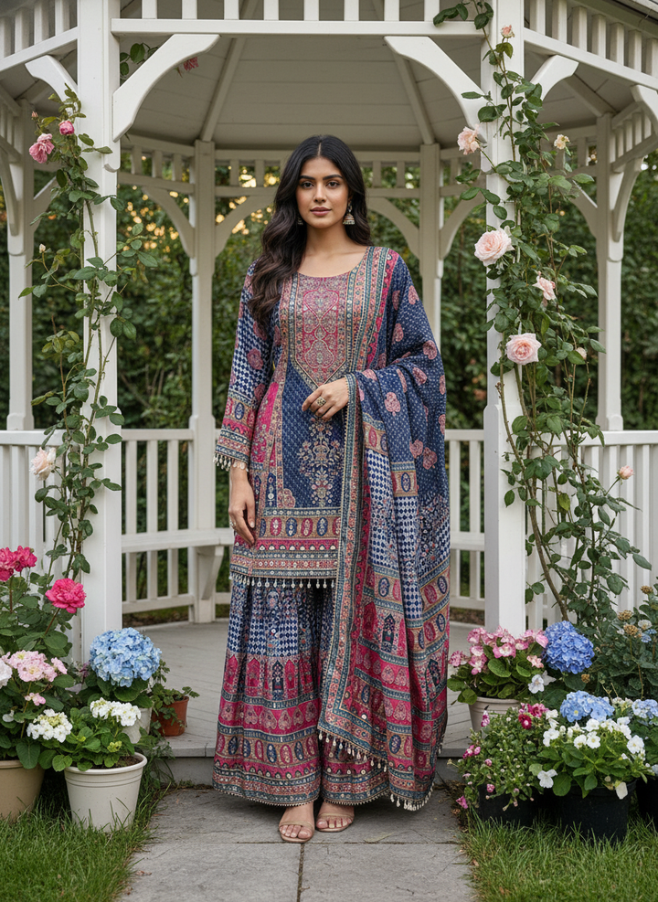 Navy Blue Muslin Sharara with Printed Embroidery (41377)