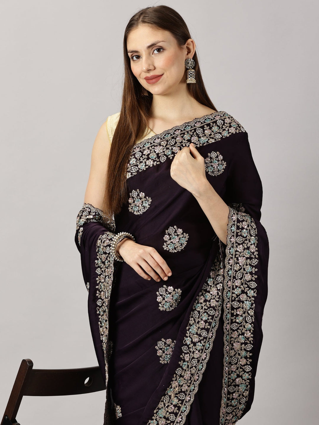 Yamuna - Satin Georgette Wine Zari Embroidered Saree (33095)