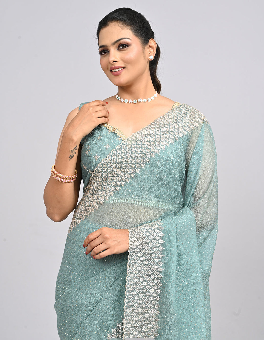 Aarini – Light Green Crush Silk Saree with Zari Embroidery & Self-Coloured Blouse | Fazals (45076)