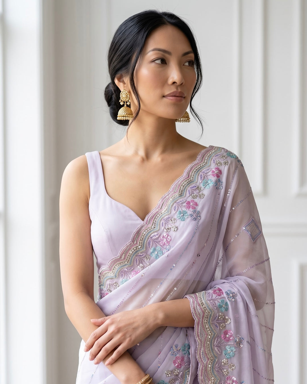 Embroidered Thread and Sequins Organza Festive Saree (37576)