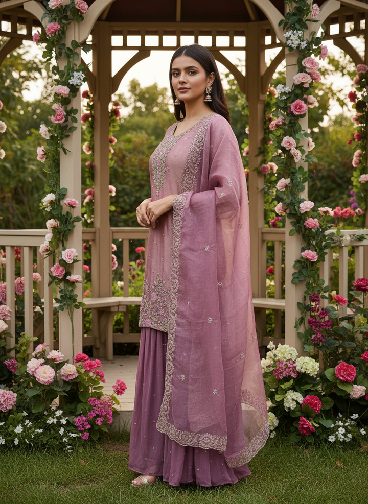 Luminous Rose-Pink Tissue Ensemble with Handwork Embroidery (46797)