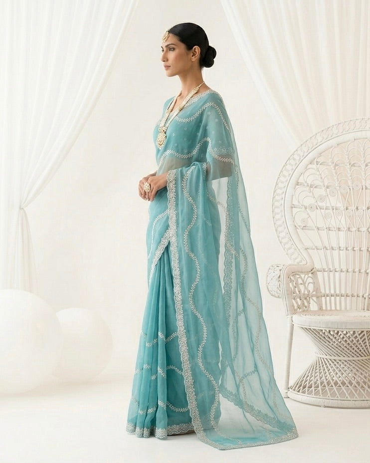 Emerald Organza Embroidered Elegance Saree (54586)