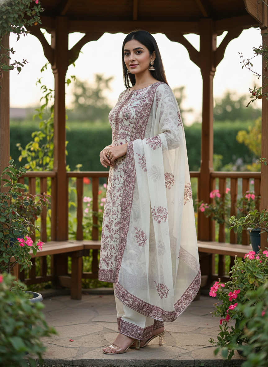Cream Upada Silk Embroidered Unstitched Suit (54847)