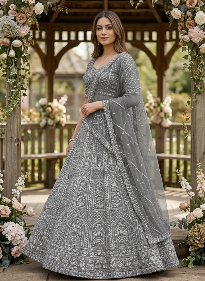 Embroidered Grey Net Dupatta with Elegant Detailing (55077)