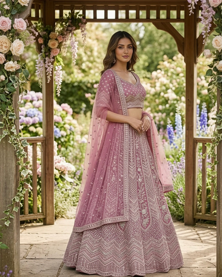 Embroidered Pink Net Heritage Dupatta (55070)