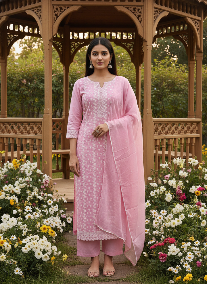 Elegant Pink Cotton Ensemble with Embroidered Chiffon Dupatta (51606)