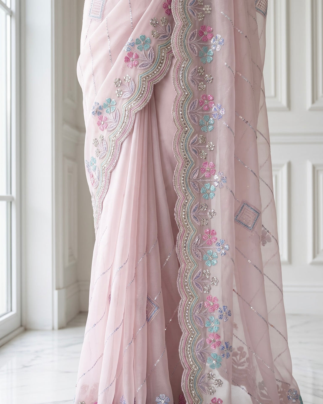 Embroidered Thread and Sequins Organza Festive Saree (37576)