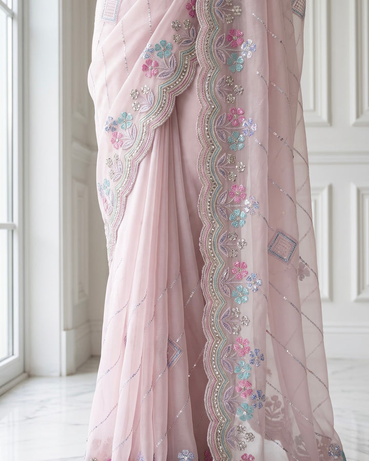 Embroidered Thread and Sequins Organza Festive Saree (37576)