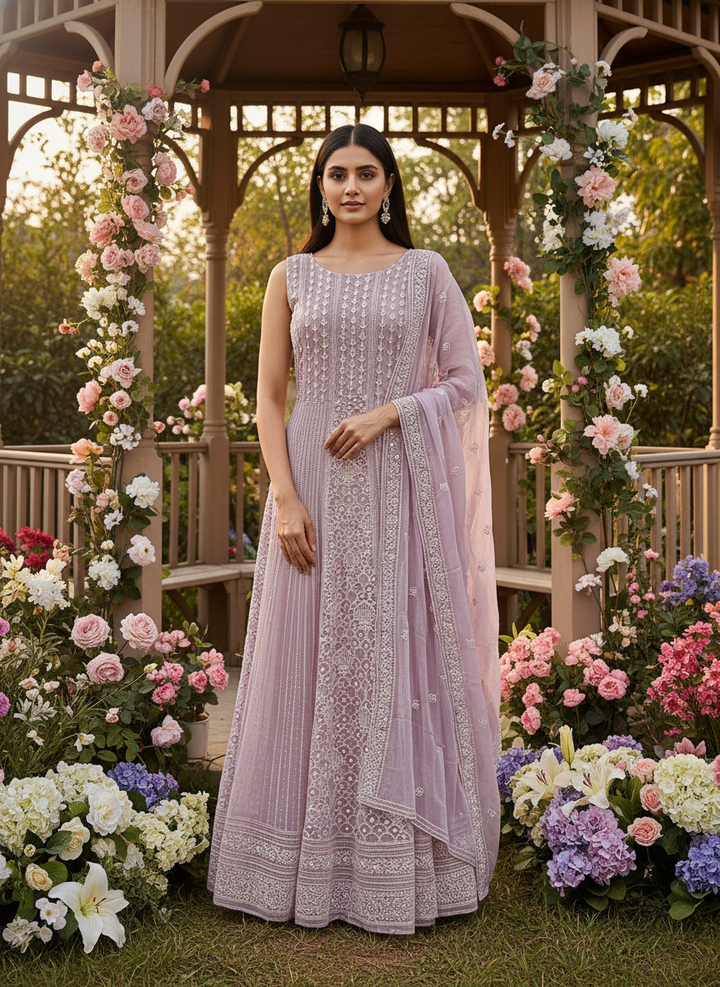 Pink Georgette Embroidered Unstitched Fabric Ensemble (54557)