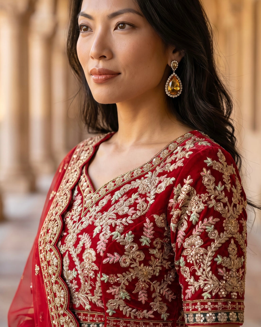 Crimson Velvet Bridal Lehenga with Embroidery (51899)