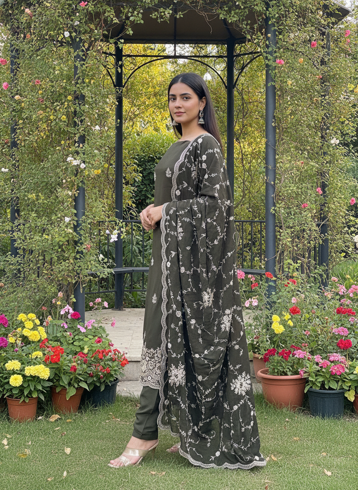 Embroidered Bottle Green Crepe Festive Ensemble (58875)