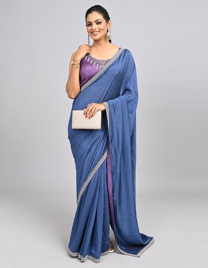 Inaaya – Blue Silk Saree with Swarovski Border & Self-Coloured Blouse | Fazals (47127)
