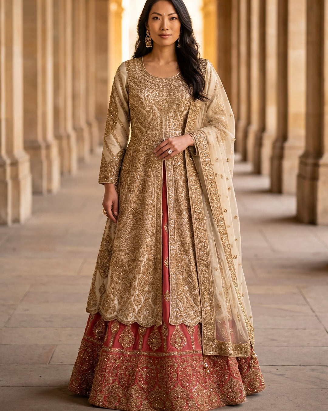 Pink & Cream Tissue Embroidered Trail cut Farshi (59647)