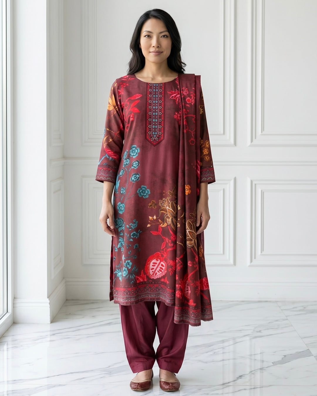 Aarohi – Maroon Floral Print Suit Set with Embroidered Neckline | Fazals (46989)