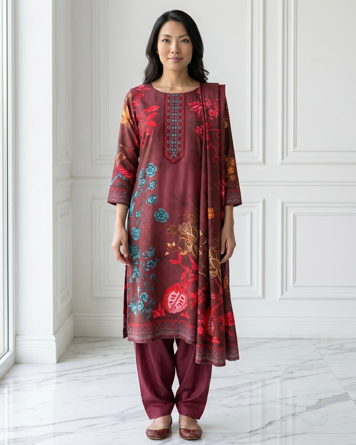Aarohi – Maroon Floral Print Suit Set with Embroidered Neckline | Fazals (46989)