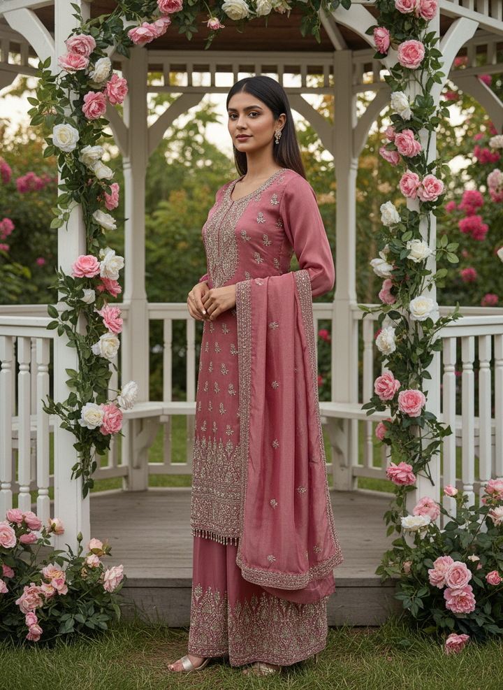 Luminous Pink Embroidered Shimmer Organza Dupatta (51458)