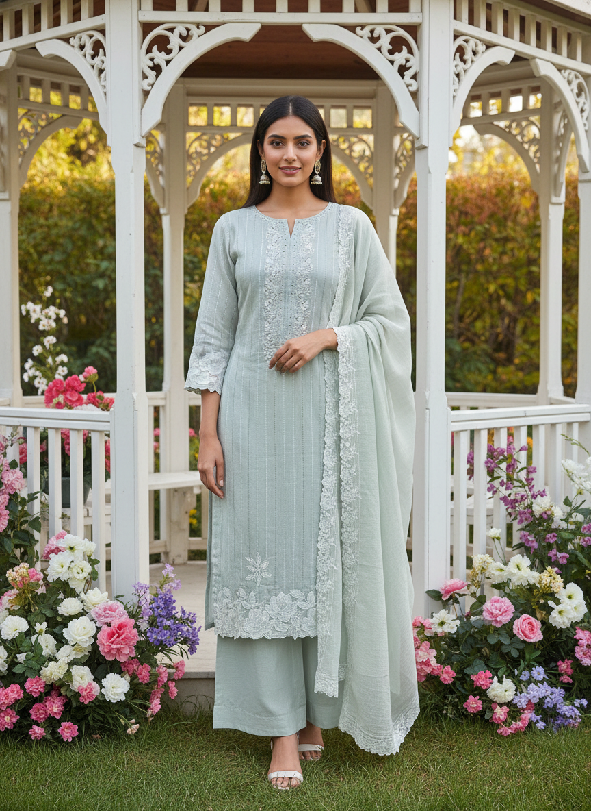Green Linen Embroidered Unstitched Casual Elegance (55131)