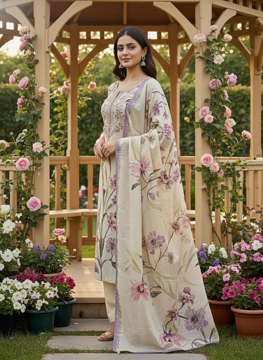 Beige Muslin with Printed Floral Embroidery (54959)