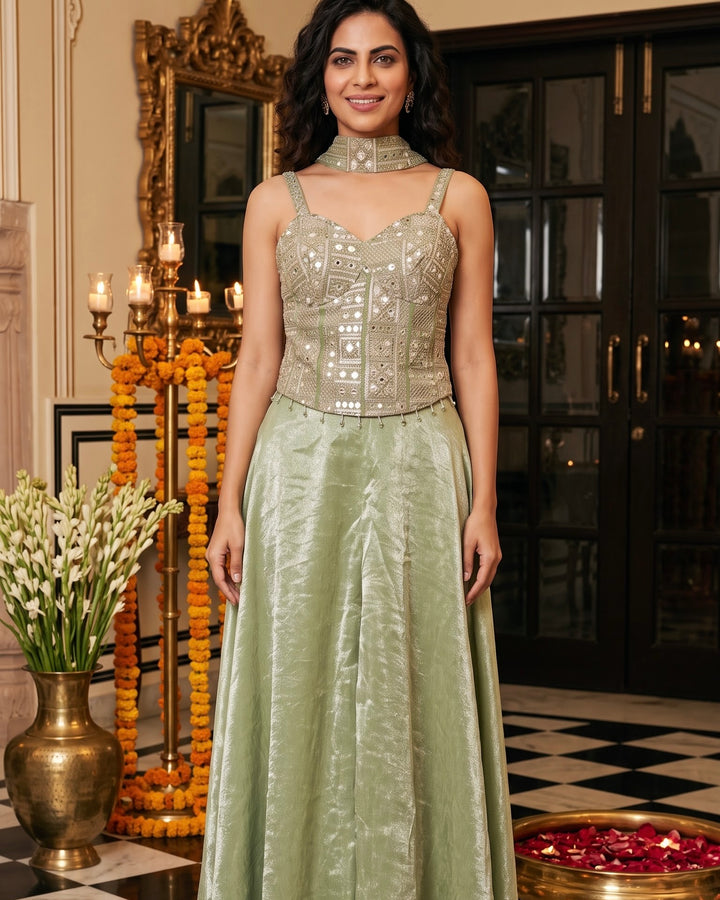 Green Embroidered Tissue Corset Blouse Palazzo Set (60869)