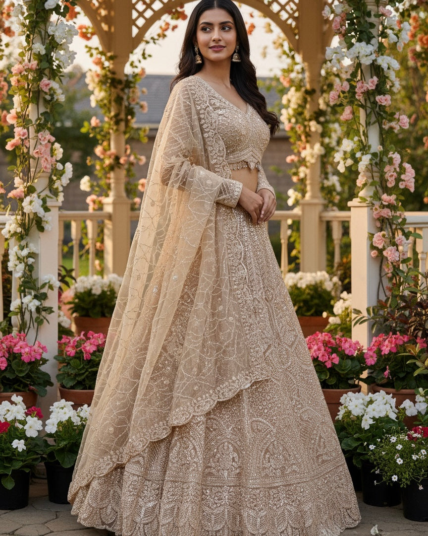 Peach Net Embroidered Bridal Dupatta (54335)