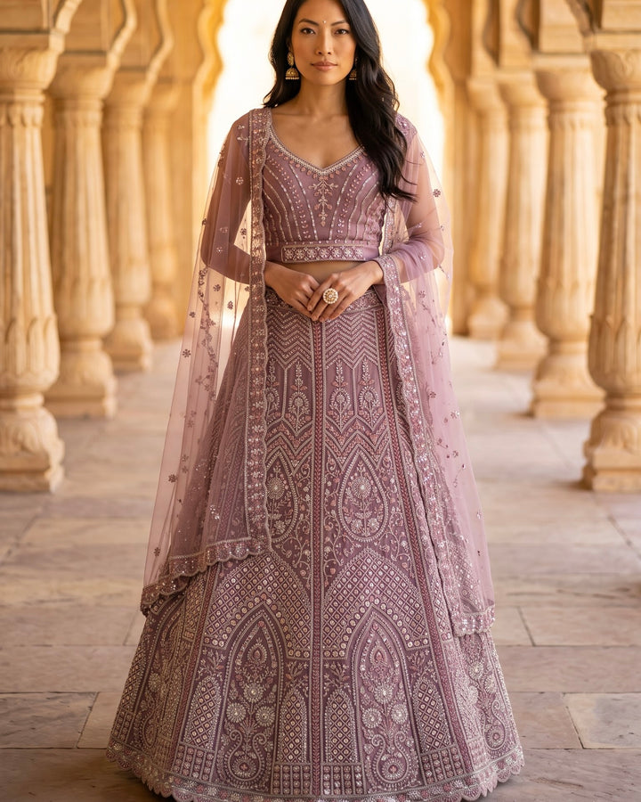 Lavender Net Embroidered Lehenga with Elegant Detailing (54721)