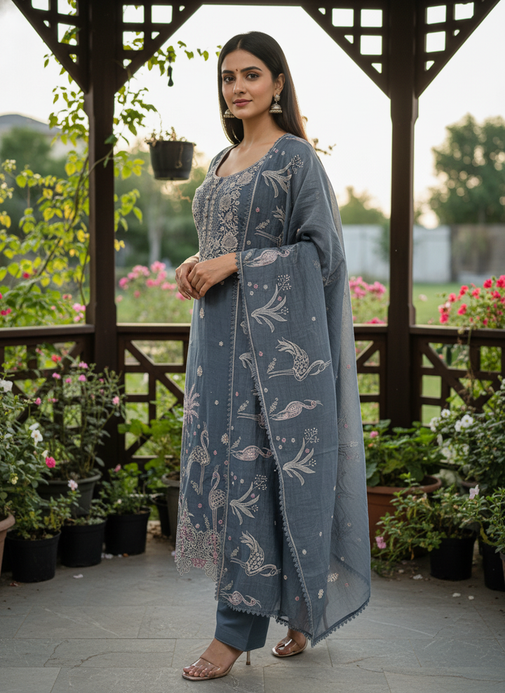 Embroidered Dark Grey Mull Unstitched Fabric (55061)