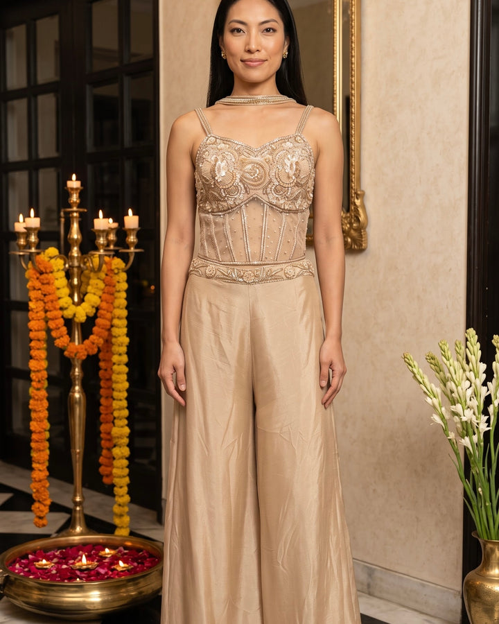 Beige Net Embroidered Corset Blouse Pant Set (56124)