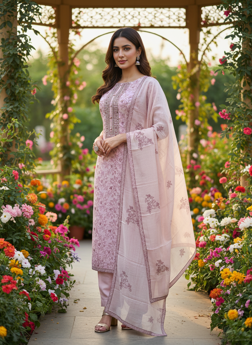 Printed Embroidery Pink Muslin Unstitched Fabric (49372)